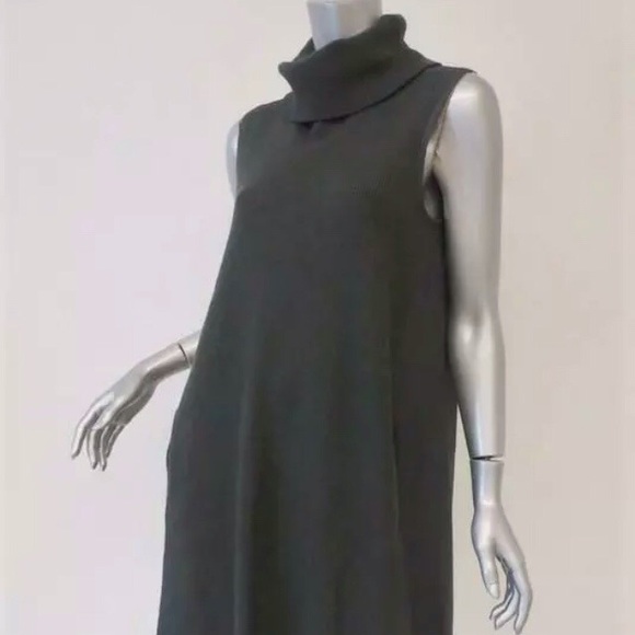 James Perse Fall Turtleneck Sleeveless Dress in Olive Green - Picture 6 of 10